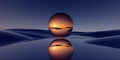 3d render, surreal panoramic background. Abstract minimal wallpaper of fantastic landscape with golden mirror ball, hills and