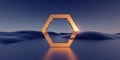 3d render, surreal panoramic background. Abstract minimal wallpaper of fantastic sunset landscape with golden metallic hexagon