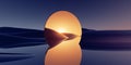 3d render, surreal panoramic background. Abstract minimal wallpaper of fantastic sunset landscape with golden round mirror, hills
