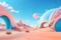 3d render Surreal pastel landscape background with geometric shapes, abstract fantastic desert dune