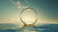 3d render, Surreal seascape with golden ring in the middle of the sea. Wallpaper with blue sky above the water. Modern minimal