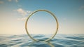 3d render, Surreal seascape with golden ring in the middle of the sea. Wallpaper with blue sky above the water. Modern minimal