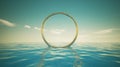 3d render, Surreal seascape with golden ring in the middle of the sea. Wallpaper with blue sky above the water. Modern minimal