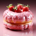 3D render Sweet tasty doughnut with strawberry candy topping cream in studio. Homemade bakery with dessert and food