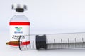 3D RENDER with a syringe and a container bottle with China vaccine SINOPHARM in the treatment of coronavirus disease 2019 COVID-19