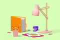 3d render table for work with lamp, notebook, card, document.