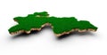 3D render of Tajikistan Map soil land geology cross section with green grass and Rock ground texture