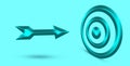 3d render of a target symbol. Sign With there-dimensional arrow symbol. Blue 3D dart target and arrow on turquoise background.