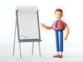 3d render. Teacher or professional manager cartoon character stands near the blank board. Education concept. Conference speaker.