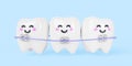 3d render teeth cartoon kawaii characters with metal dental braces. Cute smiling tooth with brackets and steel arch wire