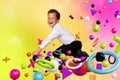 3d render template pop collage of amazed kid enjoy playing study game for learning mathematics ride symbols