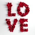 3d render text LOVE made of paper flowers and leaves on white background. Modern paper art design for cards or banner for 14