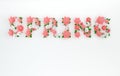 3d render text Spring made of paper flowers and leaves on pink background. Modern paper art style for spring design