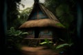 3D render of a thatched house in the jungle with palm trees