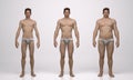 3D Render : three different male body type : underweight, muscular, overweight