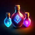 3d render of three magic potion bottles with magic elixir. Generative AI