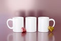 3d render three mug mockup all sides view. Pink Valentines background template for branding presentation. Mothers Day