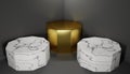 Three empty pedestals, two marble and one gold, in a studio. Royalty Free Stock Photo