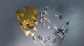 3d render of three pieces of silver and one piece of a golden jigsaw puzzle