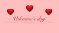 3d render, three red hearts on a pink background and red text Valentine`s Day background