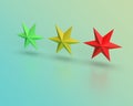3d render. three stars of different colors on a blue background.
