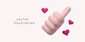 3D render of thumbs up with hearts. Vector cartoon hand in plastic style. Royalty Free Stock Photo