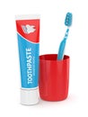 3d render of toothbrush with toothpaste and cup Royalty Free Stock Photo