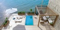 3d render Top view of luxury patio with lake view and swimming pool Royalty Free Stock Photo