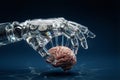 Futuristic Transparent Robot Hand Interacting with Human Brain, Symbolizing AI Control and Consciousness Royalty Free Stock Photo
