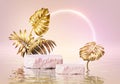 3d render, tropical scene with rock podium golden palm leaves and glowing neon round frame, pink background and reflection