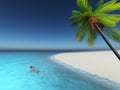 3D render of a turtle in the sea palm tree beach Royalty Free Stock Photo