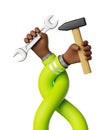 3d render, twisted and interlaced cartoon human hands with dark skin hold hammer and spanner wrench. Professional carpenter or