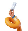 3d render, twisted long cartoon human hand holds energy saving bulb. Professional electrician with lamp. Renovation service clip