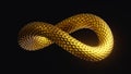 3d render, twisted loop infinity symbol with shiny golden snake scales texture, abstract clip art isolated on black background Royalty Free Stock Photo