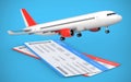 3d render of two airline, air flight tickets with airplane, airliner on the blue background Royalty Free Stock Photo