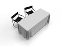 3d render of two aluminum folding directors chairs and a trestle table with a white table cloth.
