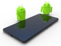 3D render - Two Android robots sitting near a smartphone