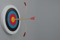 3D render two Arrows hit the center of the target on a dartboard on white background. Minimal target with arrows. Business finance