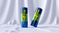 3D render, two blue batteries, green stripe, yellow lightning, glossy, angled Royalty Free Stock Photo