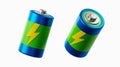 3D render, two blue batteries, green stripe, yellow lightning, glossy, angled Royalty Free Stock Photo