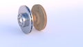 3D render - two car brake discs, one metal, the second wooden, on a white background