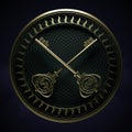 3d render of two exquisite gold key with a dollar symbol crossed on a dark checkered background with a round gold frame