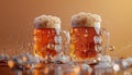 A 3D render of Two glasses of beer are shown in the air, with foam and bubbles. Royalty Free Stock Photo