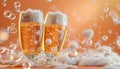A 3D render of Two glasses of beer are shown in the air, with foam and bubbles. Royalty Free Stock Photo