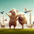 3D Render of Two Happy Sheeps Celebrating Eid Al Adha Feast