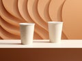 3d render of two paper coffee cups on a brown background. Generative AI Royalty Free Stock Photo