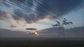 3d render. UFO over the field and high-voltage power lines Royalty Free Stock Photo