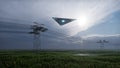 3d render. UFO over the field and high-voltage power lines Royalty Free Stock Photo