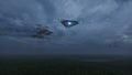 3d render. UFO over the field and high-voltage power lines Royalty Free Stock Photo