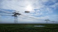 3d render. UFO over the field and high-voltage power lines Royalty Free Stock Photo